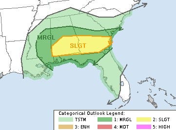 A strong low pressure system could bring severe storms to much of the Southeast on Tuesday. However, the risk for severe storms is marginal across North Florida.