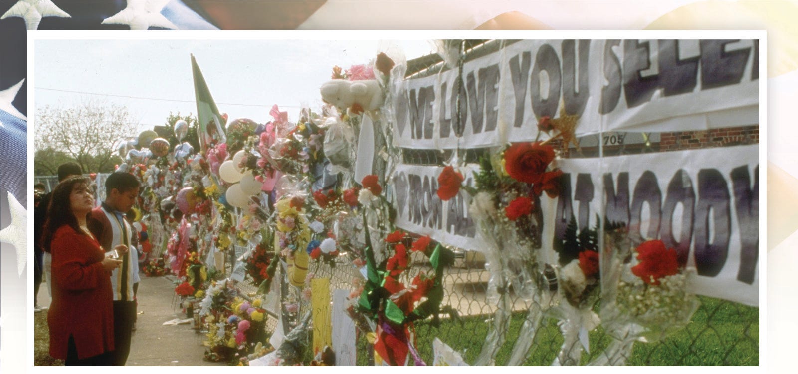 Crowd of fans pay tribute to Tejano singer Selena in April 1995 outside the family home in Corpus Christi, Texas. Selena was shot to death by her former fan club president, Yolanda Saldivar.