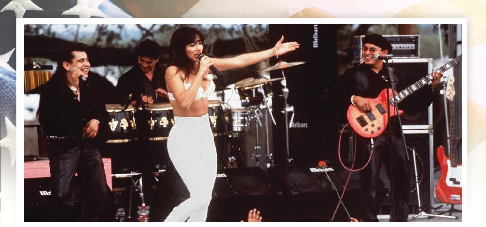 Actress Jennifer Lopez, who plays Selena Quintanilla in the movie "Selena," performs with her band in one of the scenes from the movie.  "Selena" is about the tejano singer who is murdered by her fan club president.