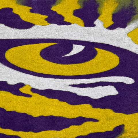 A detailed view of the LSU Tigers logo at midfield