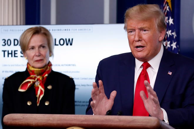 President Donald Trump speaks about the coronavirus in the James Brady Press Briefing Room of the White House, Tuesday, March 31, 2020, in Washington, as Dr. Deborah Birx, White House coronavirus response coordinator, listens. (AP Photo/Alex Brandon)