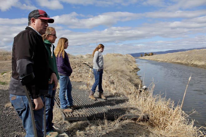 In this  March 2, 2020, hoto, farmer Ben DuVal; his wife, Erika, and their daughters, Hannah, 12, in purple, and Helena, 10, in gray, stand near a canal for collecting run-off water near their property in Tulelake, Calif. Ben DuVal inherited the farm from his grandfather, a World War II veteran who won the land by lottery, and worries that plan to demolish four dams on the lower Klamath River could set a precedent for dam removal that could eventually threaten his livelihood. The proposal to remove the dams on California's second-largest river to benefit threatened salmon has sharpened a decades-old dispute over who has the biggest claim to the river's life-giving waters. (AP Photo/Gillian Flaccus)