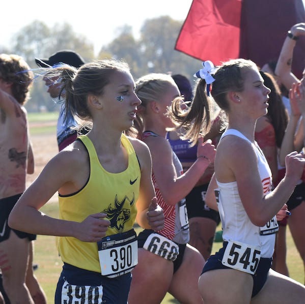 Brandon native and Augustana runner Haylee Waterfall (left) competes in the NCAA Division II Cross Country championships last year in Sacramento.