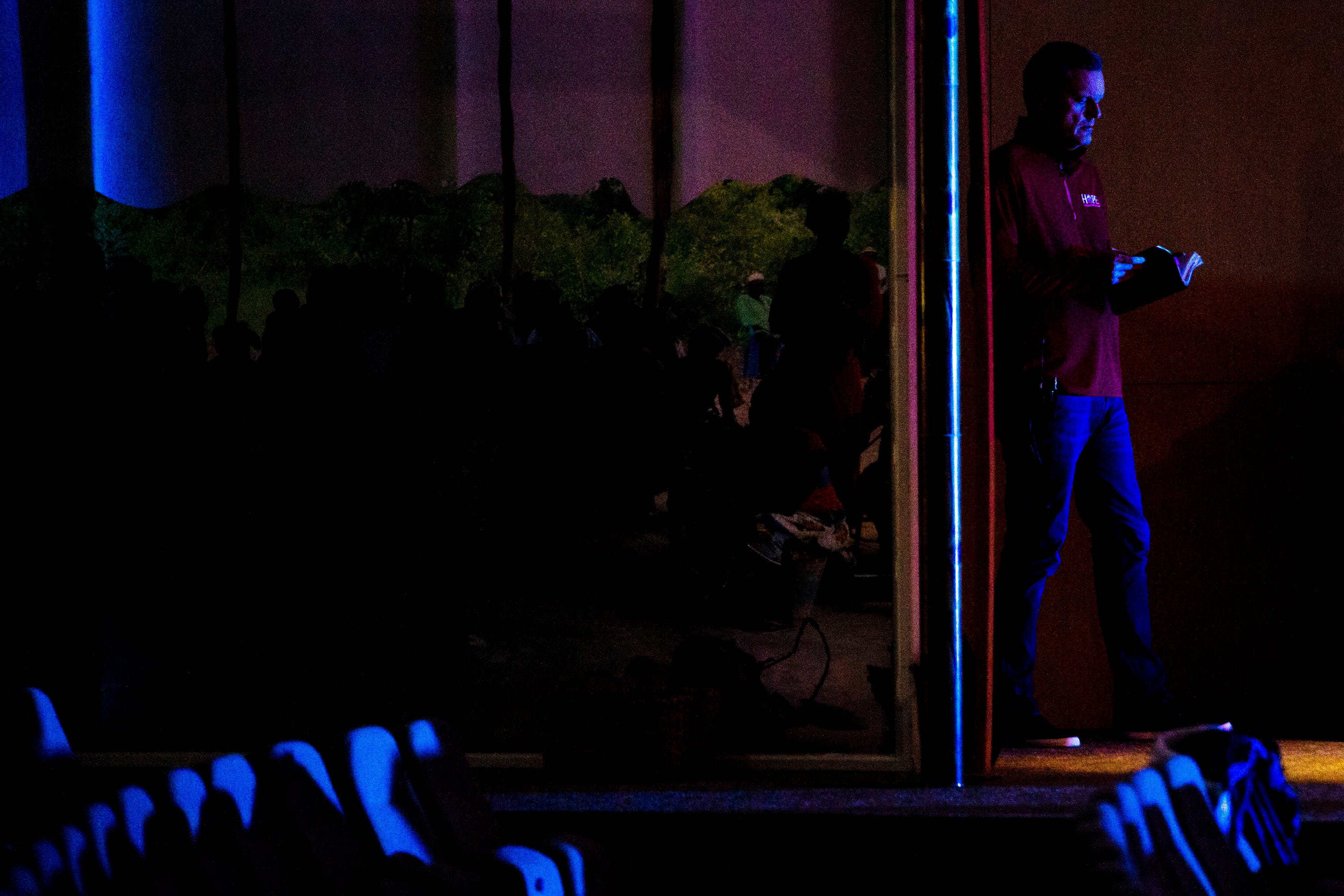 Mike Housholder, senior pastor at Lutheran Church of Hope, waits in the wings to give his sermon during the livestream of Hope's Saturday evening service on March 21, 2020, at the church's West Des Moines campus.