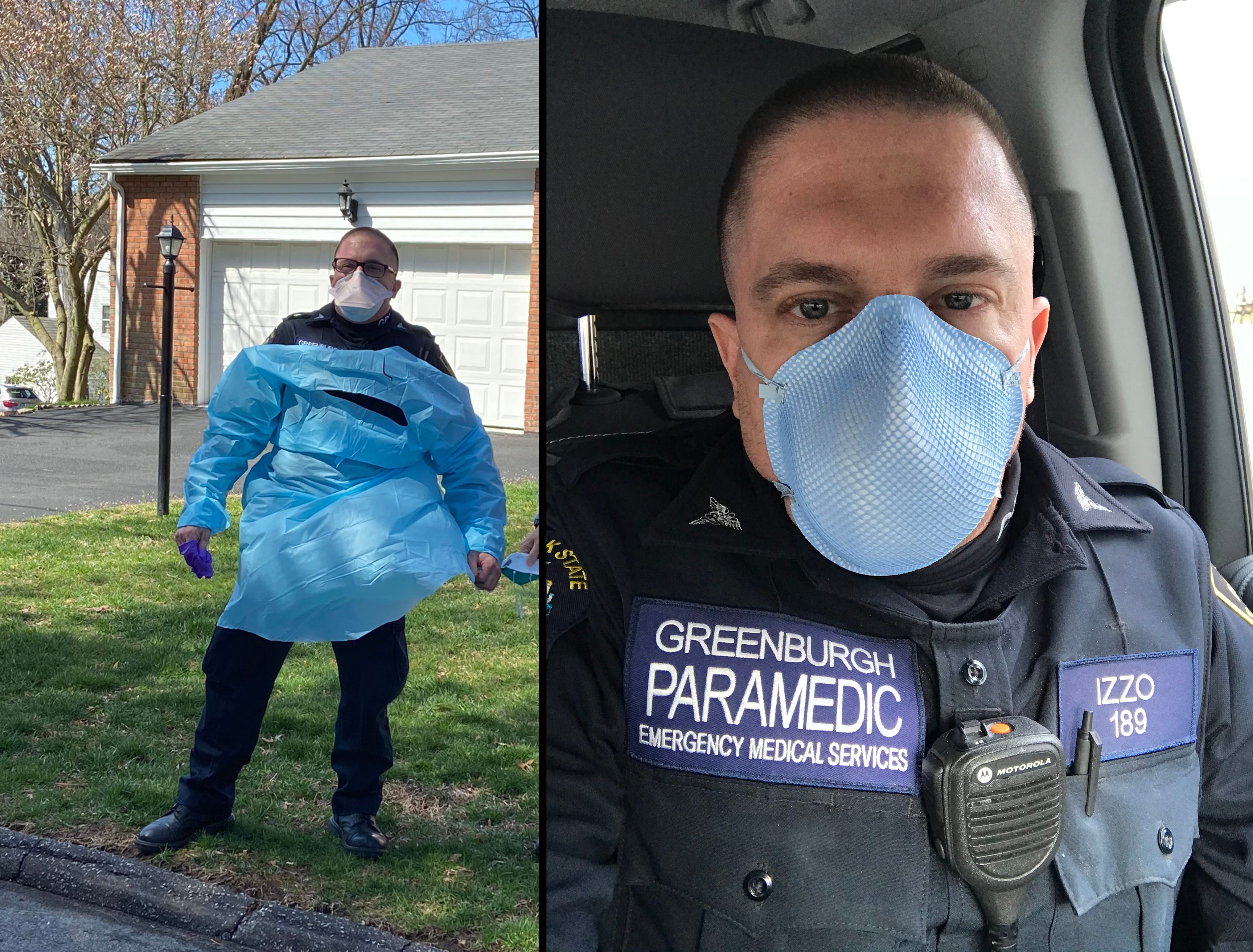 Donny Izzo, a paramedic with the Greenburgh Police Department's Emergency Medical Services, suits up in protective gear before entering a patient's home to protect himself from being exposed to the coronavirus.