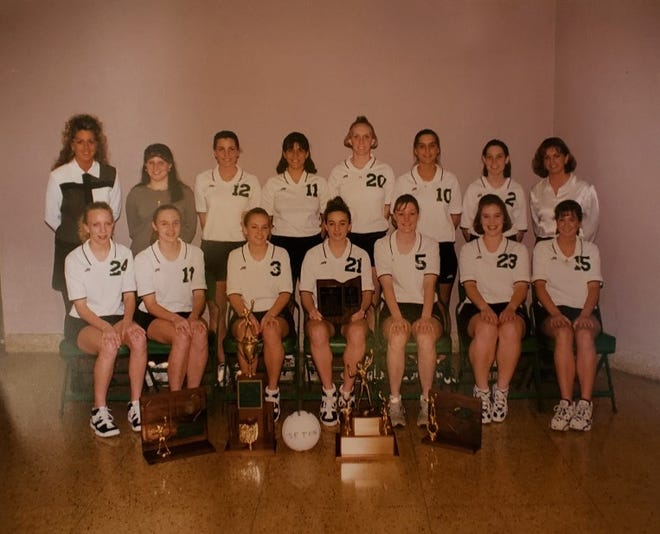 The 1996 Seton state championship team includes, from left: Standing, head coach Sue Fishburn Silbernagel, manager Jennica Bonomini, Kelly Perrmann, Emily Schachleiter, Sara Bachus, Traci Zureick, Allison Born, assistant coach Stephanie Jackson; seated, Amanda Lang, Kelly Vaughn, Laura Karnes, Annie Schroth, Julie Brassie, Karen Ratterman and Betsy Owens