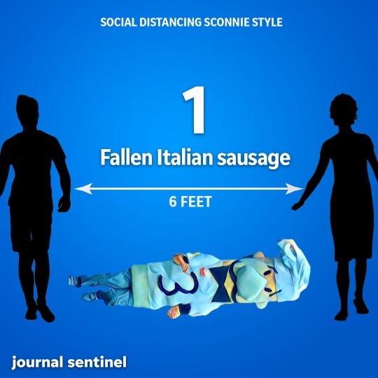 Social Distancing, Sconnie Style: Remember the poor Italian Sausage who took a bat to the back from Pittsburgh Pirates first baseman Randall Simon in 2003? Our fallen hero is taller than 6 feet, so it will keep you a safe distance away from others.