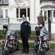 Passaic firefighter Israel Tolentino, 33 who passed away from complications of COVID-19, was laid to rest at East RidgeLawn Cemetery on Thursday, April 2, 2020. Motorcycle police officers wait outside of Marrocco Funeral home in Passaic to escort the funeral procession the cemetery. 