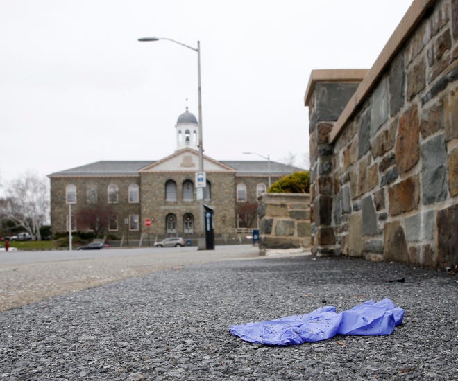 A disposable glove left on Civic Center Plaza in the City of Poughkeepsie on March 30, 2020. 