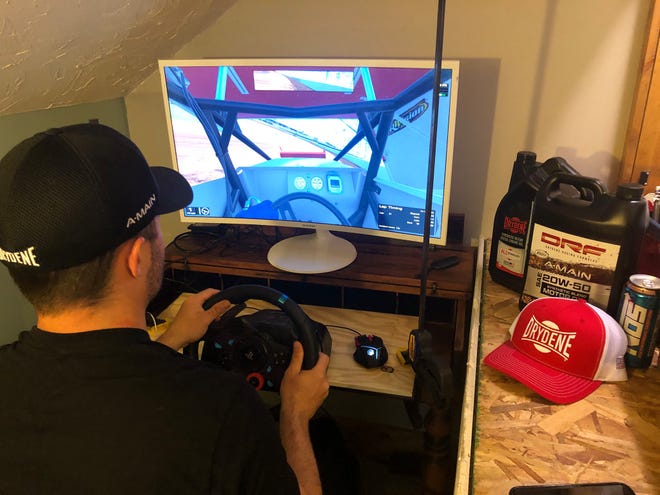 Hanover native Logan Schuchart is seen here at his home setup for simulate racing. Schuchart finished third in the World of Outlaws Sprint Car iRacing event on Fox Sports 1 Wednesday.