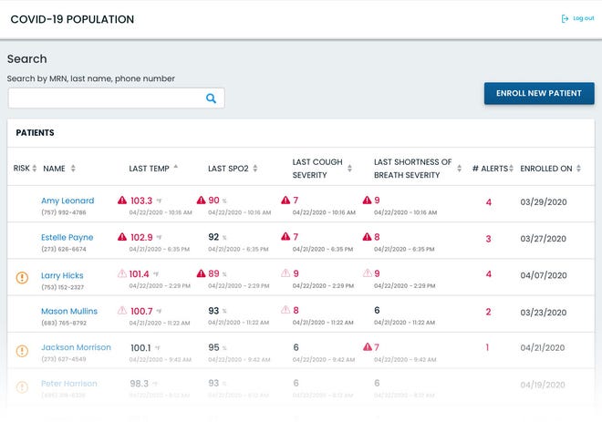 A screen from Validic’s covid-19 monitoring platform