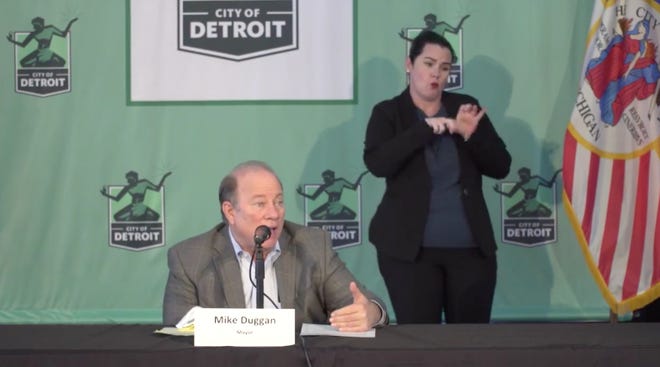 Detroit Mayor Mike Duggan speaks at a press conference on the coronavirus on Friday, April 3, 2020, at Eastern Market.
