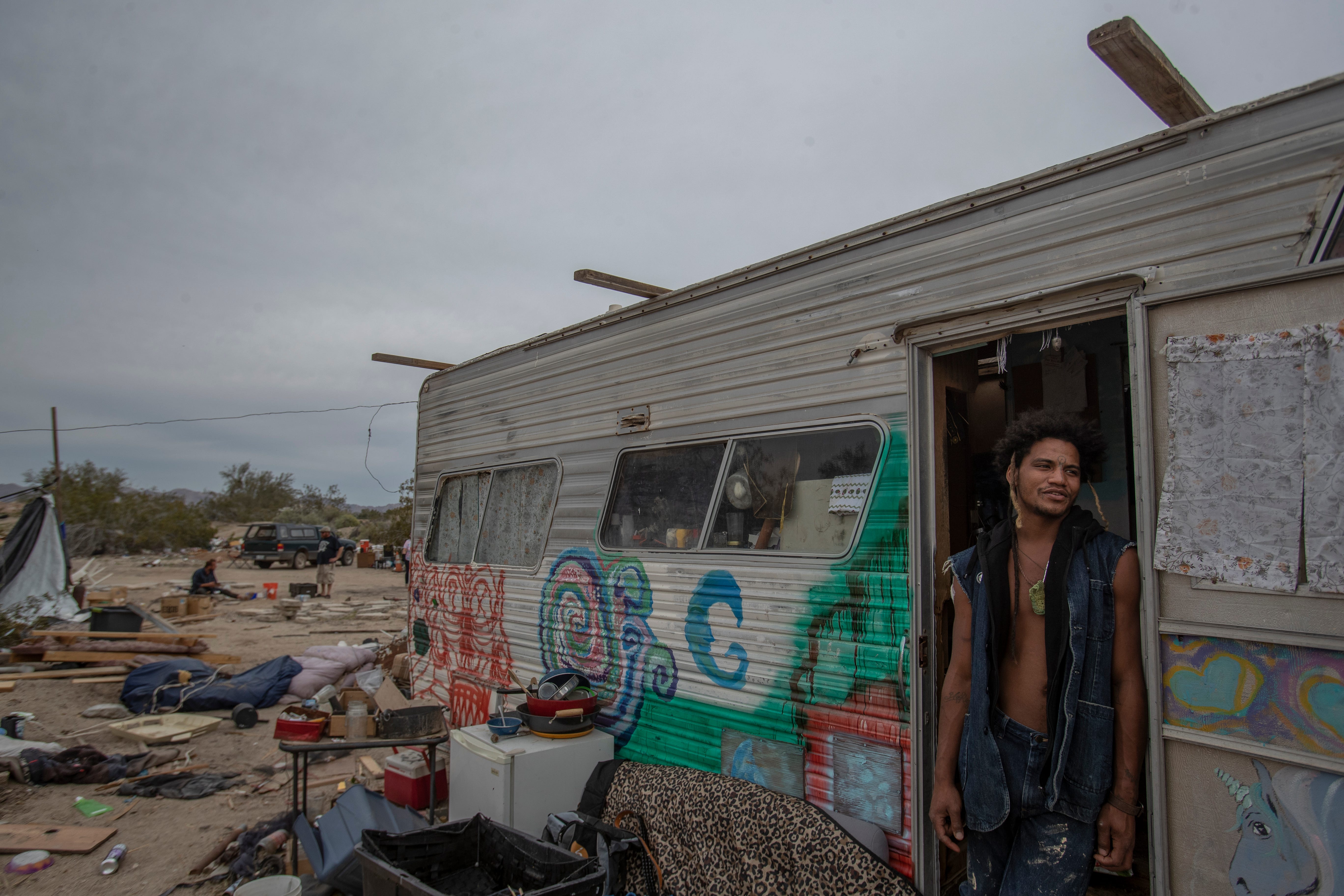 Gia Alden-Fox has lived on and off Slab City for a few years. He is worried that COVID-19 could enter his Flamingo Camp neighborhood, where some those in his camp have compromised immune systems.