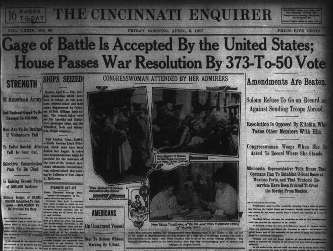 The Cincinnati Enquirer, April 6, 1917, reports that in an early morning resolution, the U.S. declared war on Germany and entered World War I.