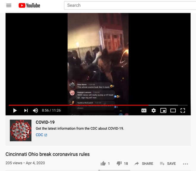 Screen capture of a YouTube video showing a crowd that allegedly formed in Cincinnati Friday evening.