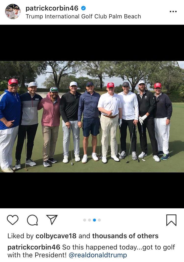 Patrick Corbin of Washington Nationals posted an image on Instagram with President Trump on March 8.