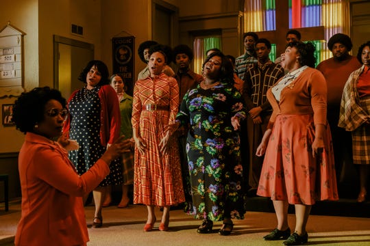 Aunjanue Ellis, left, as Mattie Moss Clark, Angela Birchett as Jacky, Shelea Frazier as Dorinda, Kierra Sheard as Karen and Raven Goodwin as Denise in "The Clark Sisters: First Ladies of Gospel."