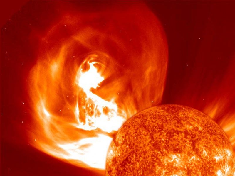 Image of a Coronal Mass Ejection. CMEs are explosive bursts of solar plasma and magnetic field that fly away from the Sun at thousands of kilometers an hour. Because they contain highly charged particles, CMEs can be dangerous to astronauts and cause serious damage to satellites. However, they can also cause the most spectacular lightshow on earth – the aurorae!