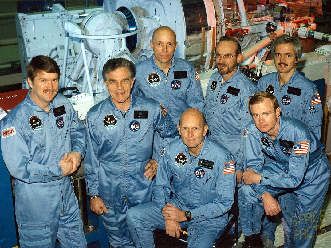 The crew of the Spacelab 2 shuttle mission. Kneeling left to right, are Gordon Fullerton, commander; and Roy Bridges, pilot. Standing, left to right, are mission specialists Anthony England, Karl Henize, and Story Musgrave; and payload specialists Loren Acton, and John-David Bartoe. Launched aboard the Space Shuttle Challenger on July 29, 1985.