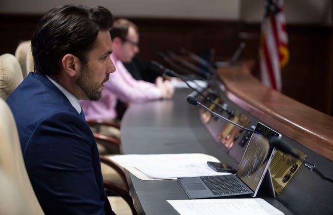 Jackson Mayor Scott Conger speaks to city council members via video chat to discuss their budget at Jackson City Hall in Jackson, Tenn., on Tuesday, April 7, 2020.