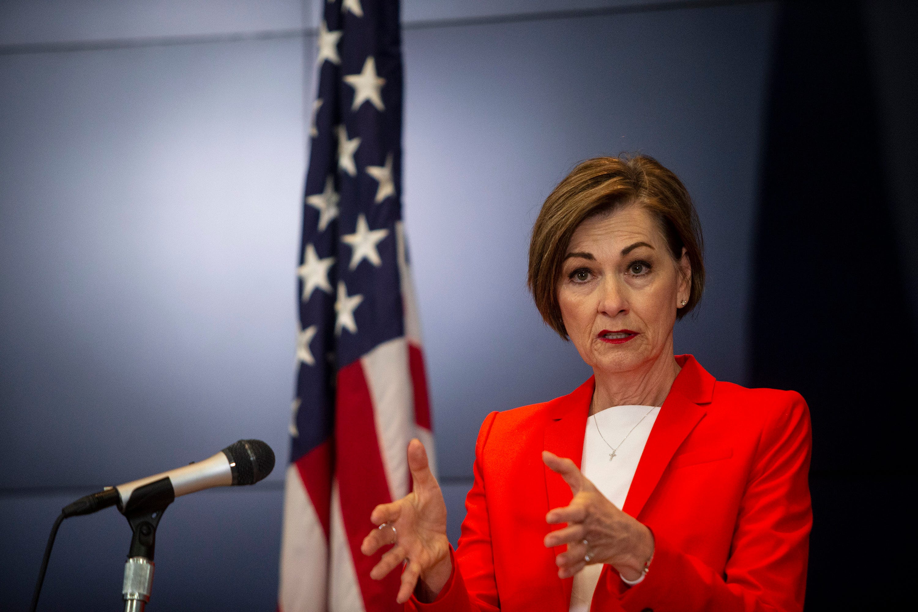 Governor Kim Reynolds speaks to the press during the daily coronavirus news conference on Wednesday, April 8, 2020, at the State Emergency Operations Center in Johnston, Iowa.