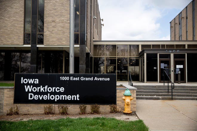 Outside the Iowa Workforce Development headquarters in Des Moines' East Village on Thursday, April 9, 2020.