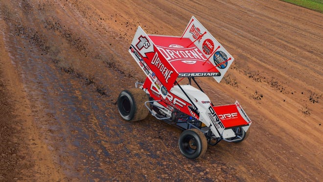 World of Outlaws sprint car driver and Hanover native Logan Schuchart races during the iRacing Invitational at the virtual Knoxville Speedway on Wednesday. Schuchart finished fifth in the event.