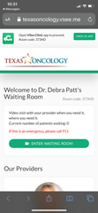 A screenshot of a virtual Texas Oncology waiting room. The cancer treatment network of center is using telemedicine to help patients continue treatment with fewer in-person office visits.