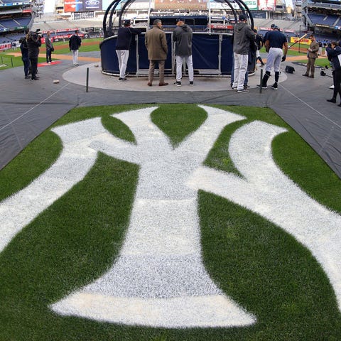 The Yankees logo at Yankee Stadium.