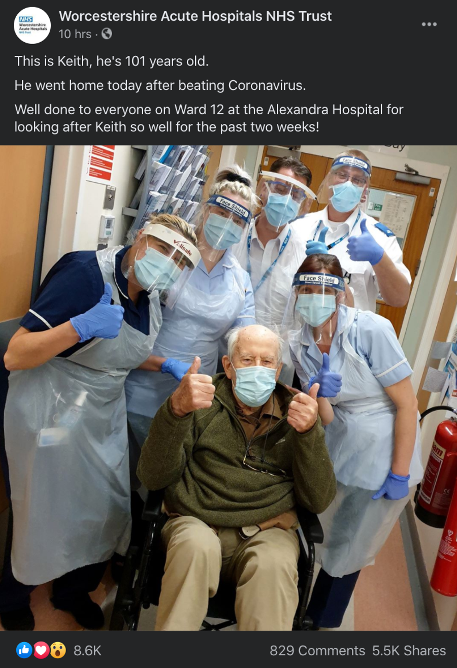 Worcestershire Acute Hospitals NHS Trust posted a photo of a 101-year-old patient after he recovered from COVID-19.
