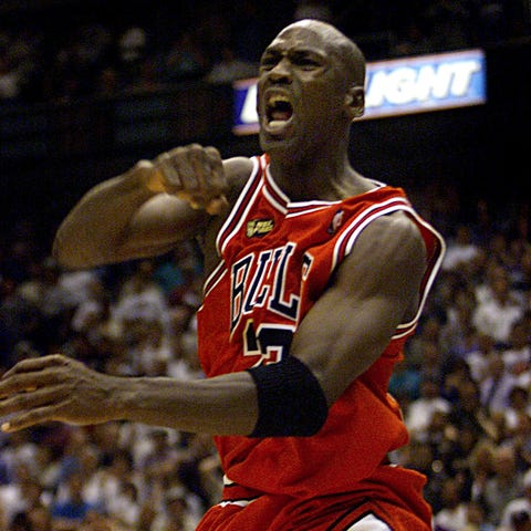 Michael Jordan celebrates after winning the 1998 N