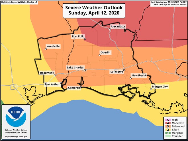 Lafayette and other Acadiana parishes are expected to experience severe weather Sunday, including possible tornadoes, hail and lightening, according to the National Weather Service.