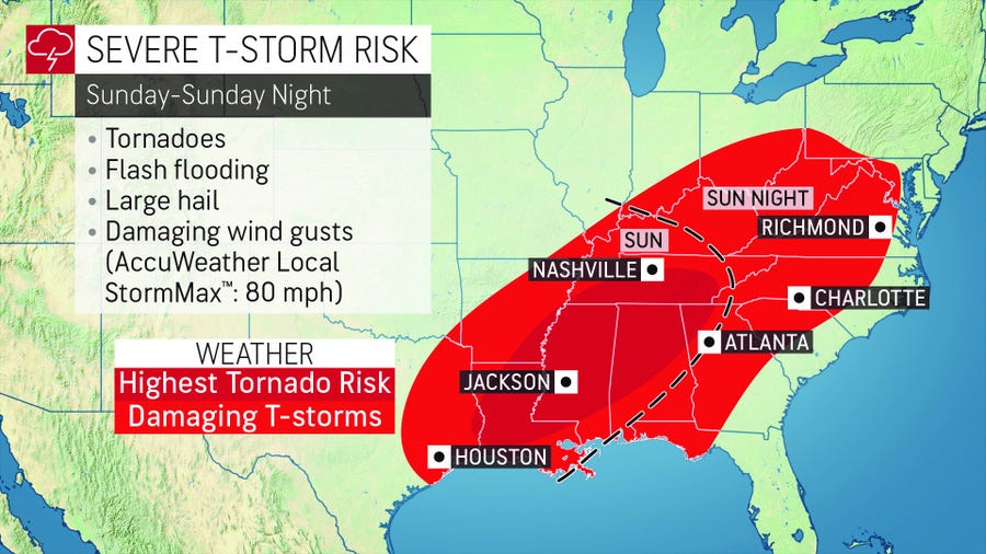 Severe weather, including likeiihood of tornadoes, is forecast for much of the Southeast for Easter,  according to AccuWeather