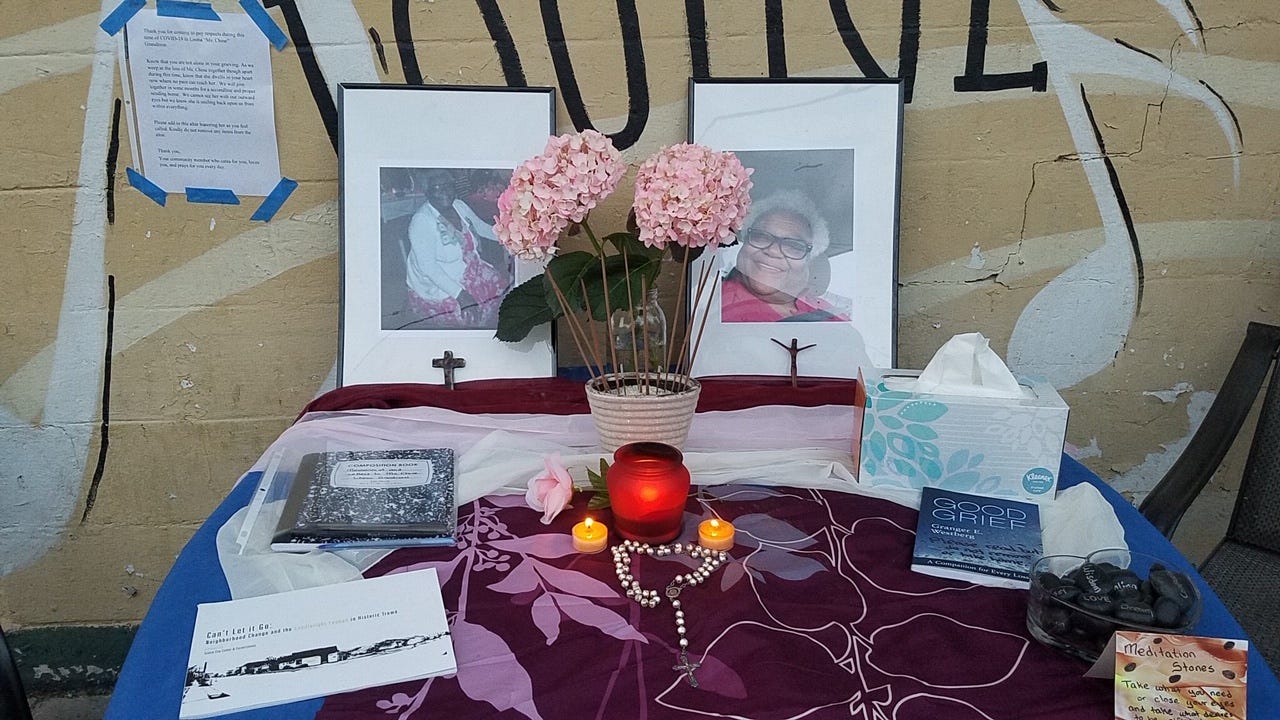 Sister Alison McCrary created an altar to Leona “Chine” Grandison, owner of the Candlelight Lounge in New Orleans’s Treme neighborhood, who died recently of COVID-19. Grandison was well-known and liked by musicians and residents of Treme.