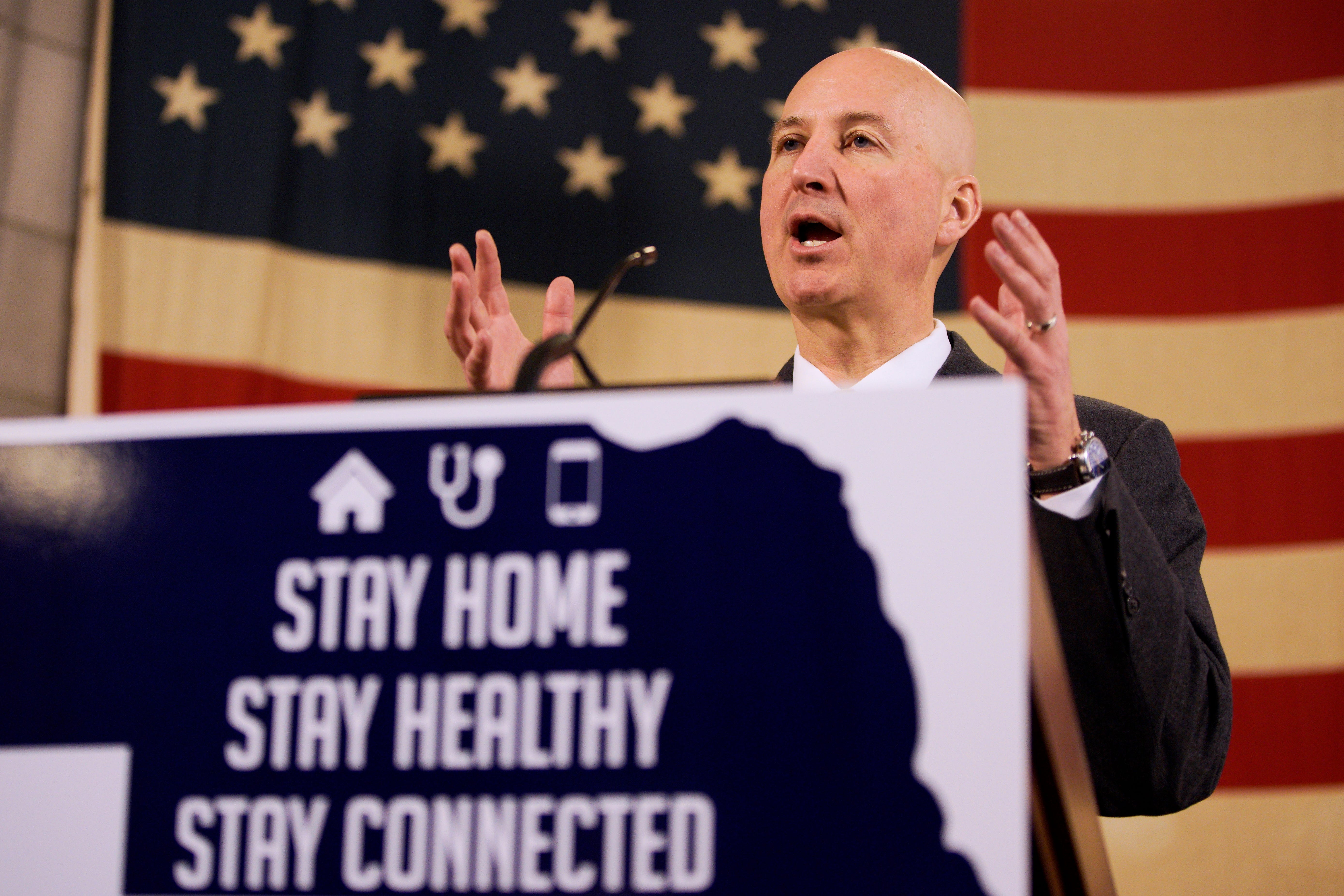Nebraska Gov. Pete Ricketts, a Republican, speaks during a news conference about developments in the fight against COVID-19 in Lincoln on April 10, 2020.