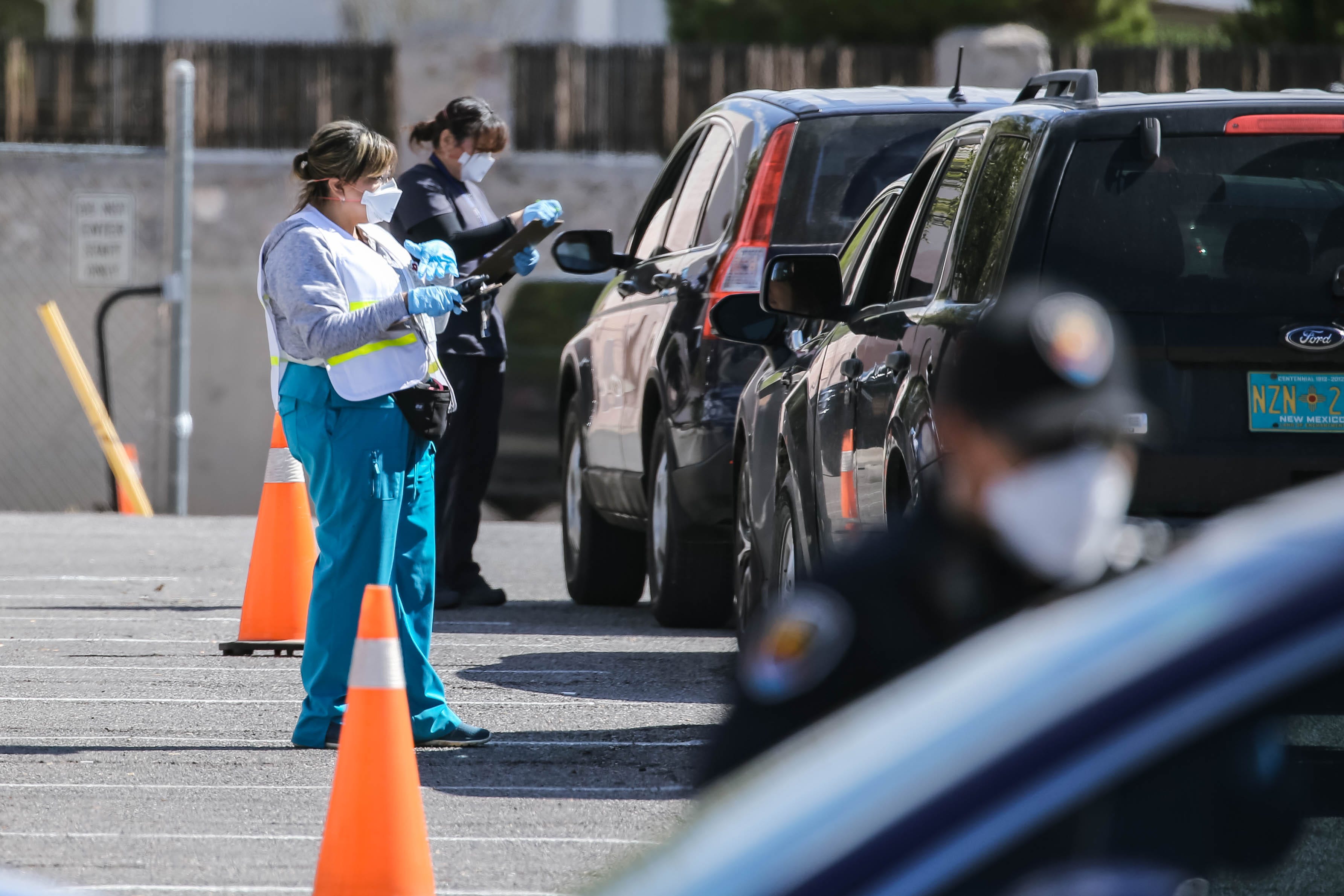 Drive-thru coronavirus testing was set up in Las Cruces at the Doña Ana County Health Services Center, scheduled from on Friday, March 20, 2020, from 9 a.m. to 3 p.m. or until supplies ran out. After closing at around 11:15 a.m. a line of cars waiting were signaled to move on.