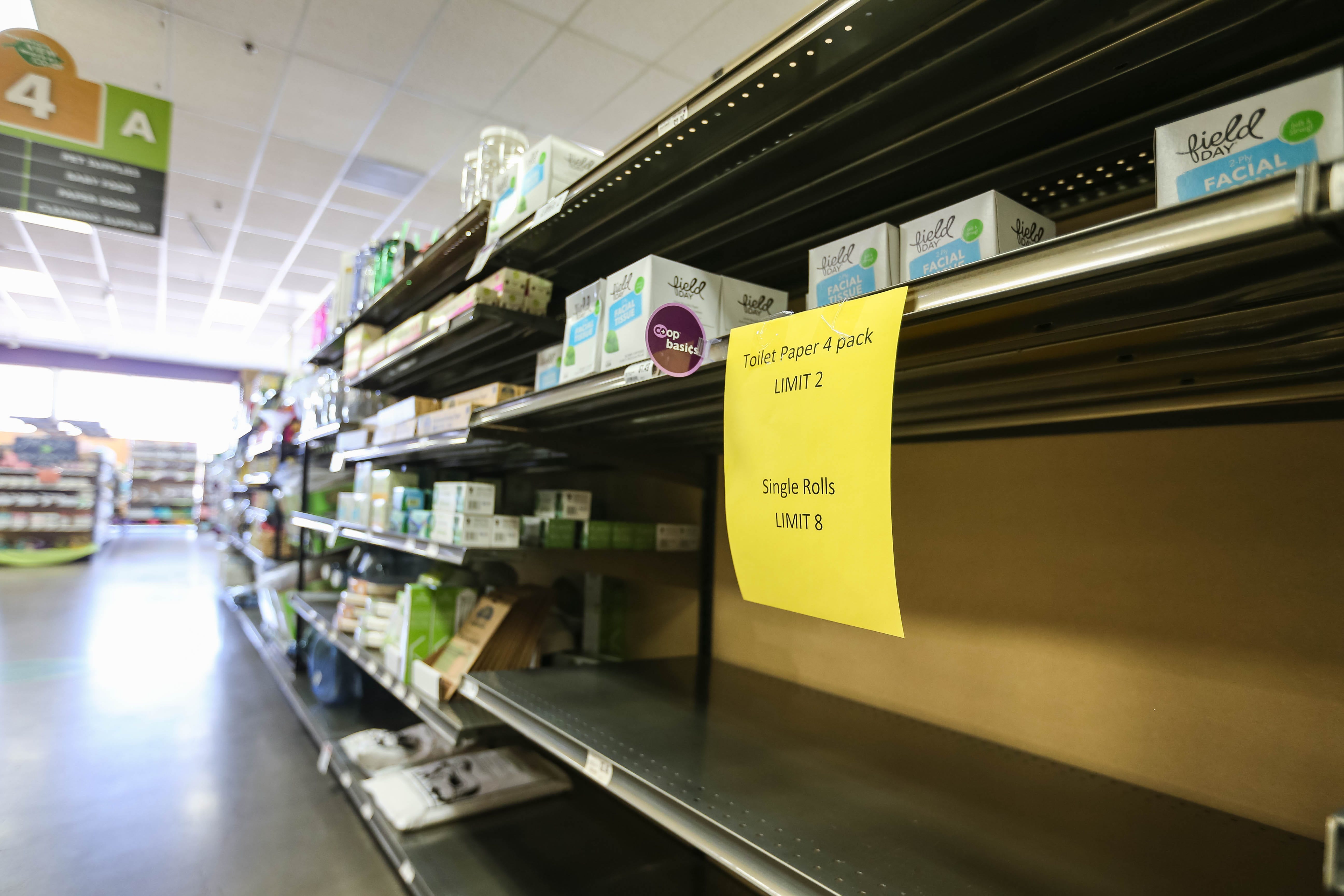 Toilet paper is absent from the shelves at Mountain View Market Co+op in Las Cruces on Friday, March 20, 2020.