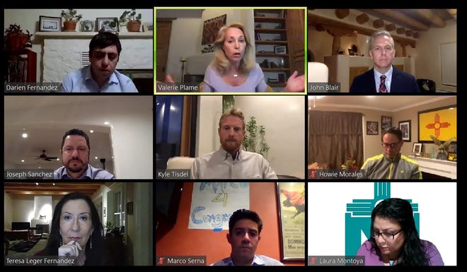 A screenshot of a Zoom meeting shows Taos County Democratic Party Chairman Darien Fernandez moderating a roundtable, Monday, April 13, 2020, featuring the seven Third Congressional District candidates. Lt. Gov. Howie Morales also participates in event.