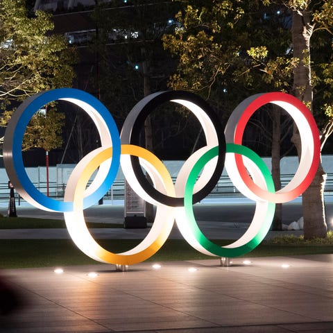 The Olympic rings are seen, in Tokyo.