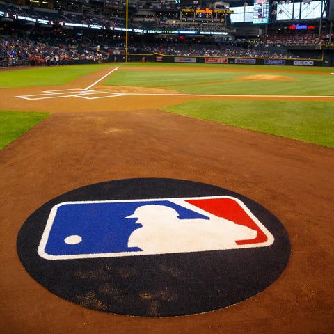 Detailed view of the MLB logo in the on deck circl