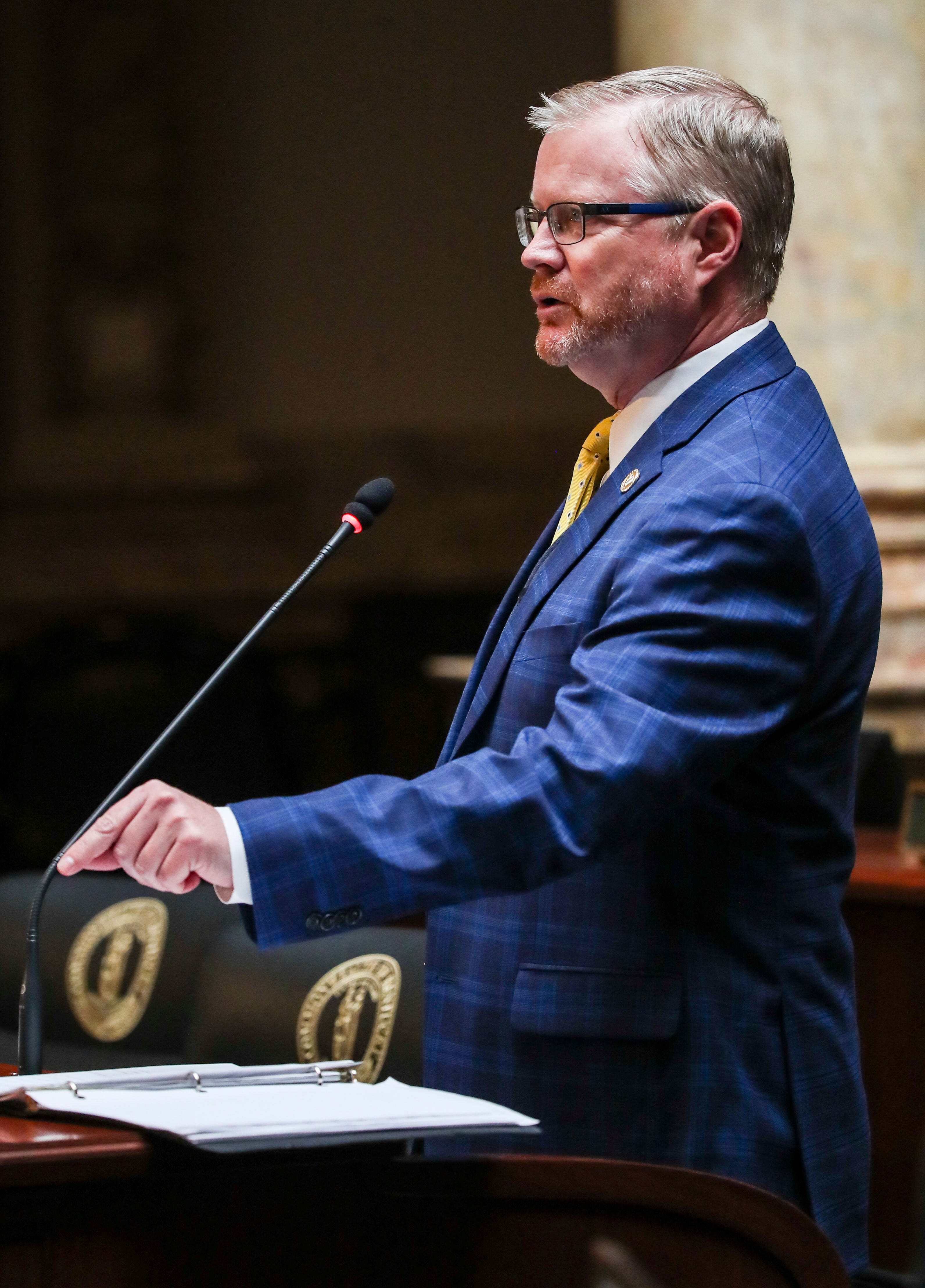Sen. Damon Thayer speaks during the last day of the 2020 Kentucky general assembly Tuesday. April 15, 2020