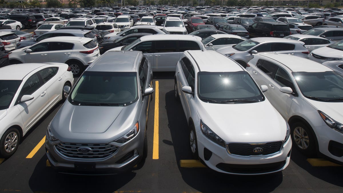 Hertz rental cars pack Hertz Arena on Wednesday, April 16, 2020. With so many cars not being rented because of the COVID-19 pandemic and Hertz arena not being used, the space became a perfect spot to store vehicles. 