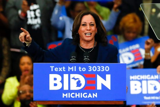 In this March 9, 2020, file photo Sen. Kamala Harris, D-Calif., speaks at a campaign rally for presumptive Democratic presidential candidate former Vice President Joe Biden at Renaissance High School in Detroit.
