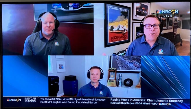 NBC Sports broadcasters Paul Tracy (left), Leigh Diffey (right) and Townsend Bell (bottom) are set to call their fourth IndyCar iRacing Challenge broadcast this week from their respective homes.