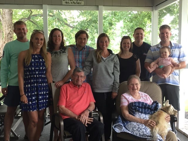 Harold and Elizabeth Hayes with eight of their 11 grandchildren and one great grandchild on Harold’s 95th birthday.