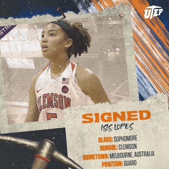 The UTEP women's basketball program has picked up Clemson transfer Isis Lopes.