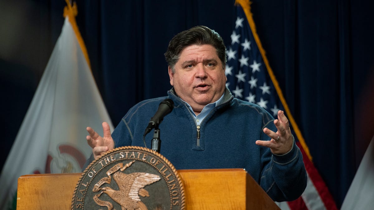 Illinois Gov. J.B. Pritzker speaks during his daily coronavirus news conference at the Thompson Center in Chicago, Friday, April 17, 2020.