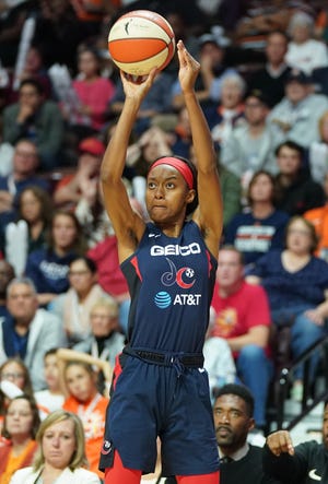 Washington Mystics guard Shatori Walker-Kimbrough (32) shoots for three points against the Connecticut Sun during the second half in Game Four of the 2019 WNBA Finals at Mohegan Sun Arena.