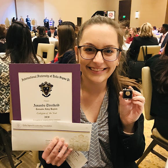 Amanda Threlkeld of MSU Texas was honored by the Tornado Alley region of the Delta Sigma Pi Professional Business Fraternity.