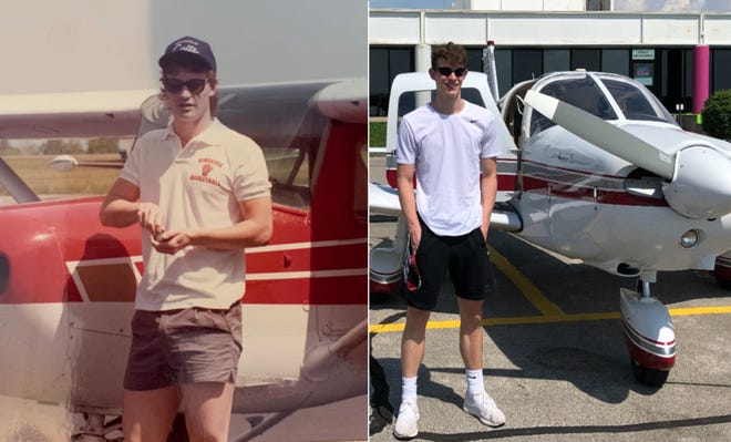 Billy Dunn (left) and Luke Dunn (right) are pictured. The two photos were taken 36 years apart, when each began taking flight training.